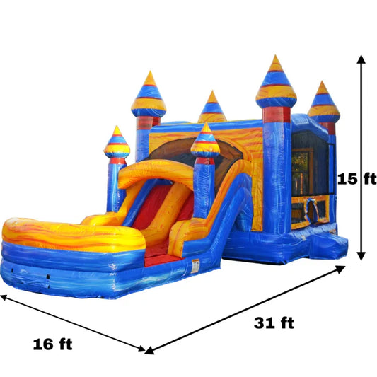 31-ft blue dual-lane combo with bounce and water slide adds ocean fun to party rentals for kids in Atlanta, GA.