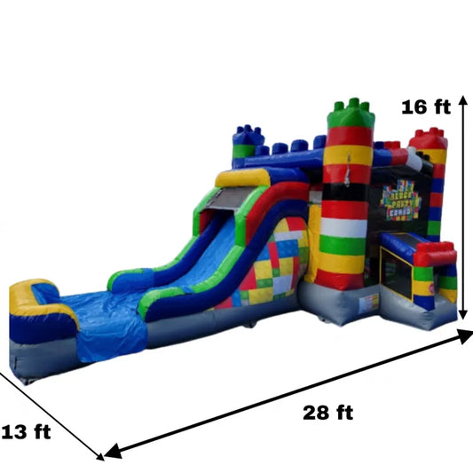 28-ft block-party themed bounce and slide combo entertains in party rentals for kids in Atlanta, GA.
