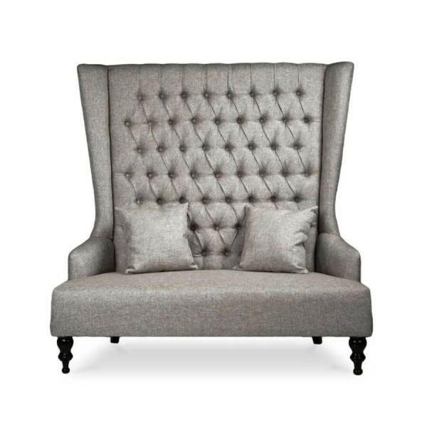 Burlap loveseat taupe rustic lounge seating chair rentals in Atlanta, GA