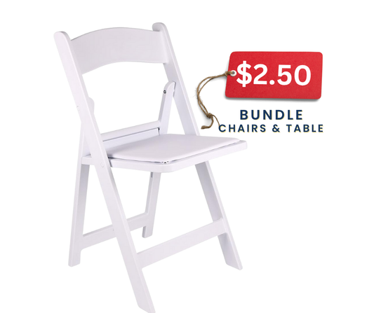 Adults: White Resin Folding Chairs Tables Rental Bundle Atlanta GA