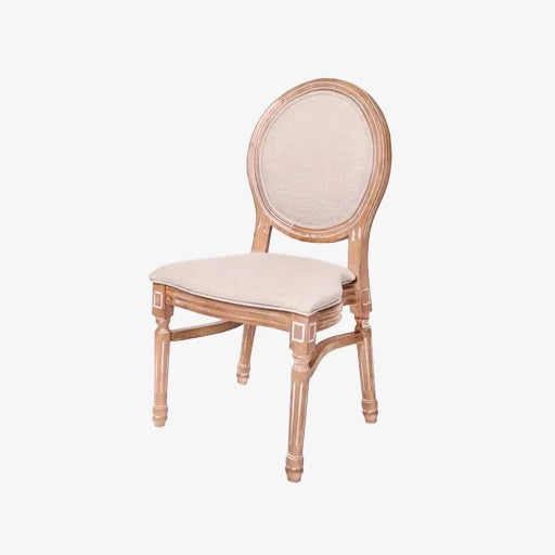 Antique-style Louis Pop wood chair rental with fabric seat for weddings and elegant events in Atlanta, GA