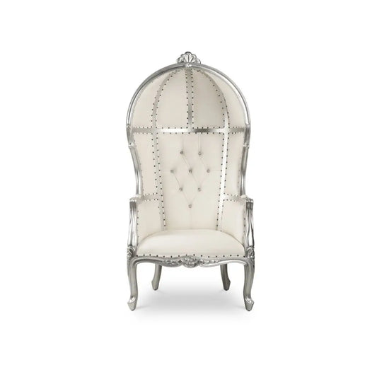 Royal throne chair white vinyl on silver frame elegant high-back chair rentals in Atlanta, GA