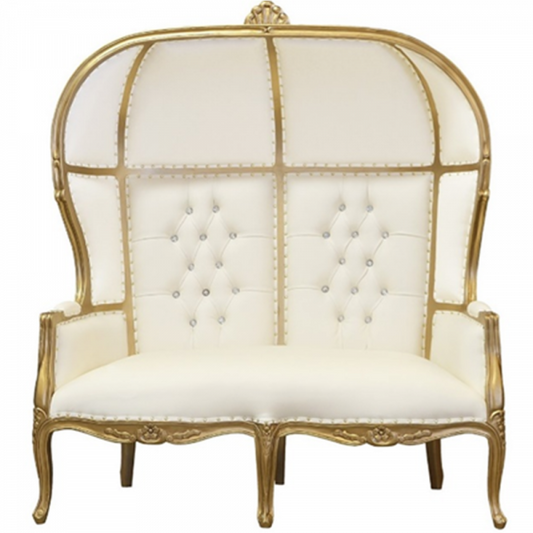 Royal loveseat ivory vinyl with gold trim for sweetheart seating chair rentals in Atlanta, GA