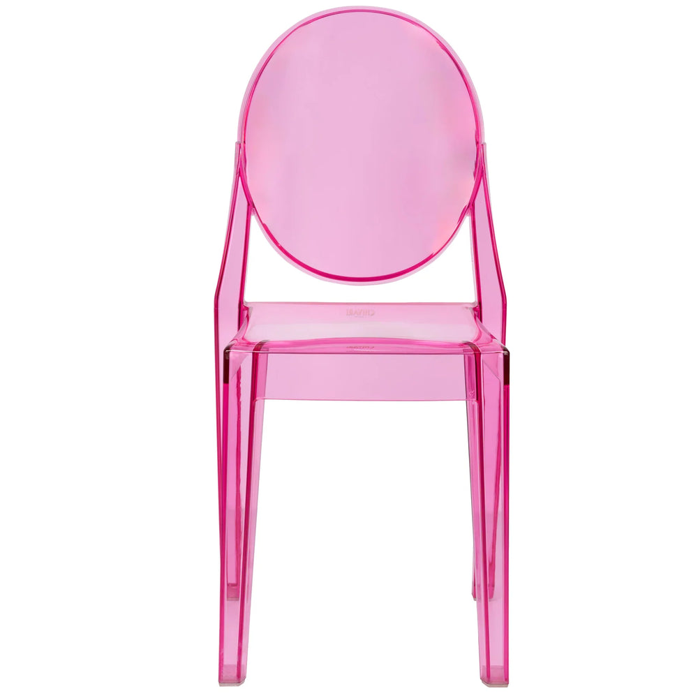Clear resin Sophia oval back pink chair rental adds luxury seating for weddings and events in Atlanta, GA