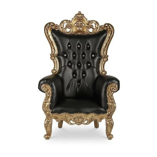 French throne chair black and gold ornate high-back chair rentals in Atlanta, GA