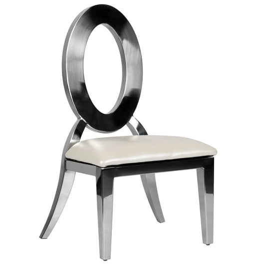 Silver kids O chair with white cushion for kids chair rental in Atlanta, GA.
