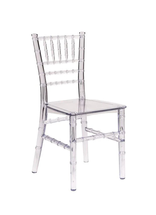 Clear resin Chiavari chair for kids chair rental in Atlanta, GA, ideal for weddings and formal events.