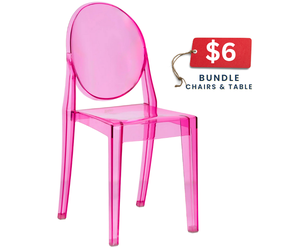 Elegant pink Crystal Aura chair for kids table and chair rentals at parties in Atlanta, GA