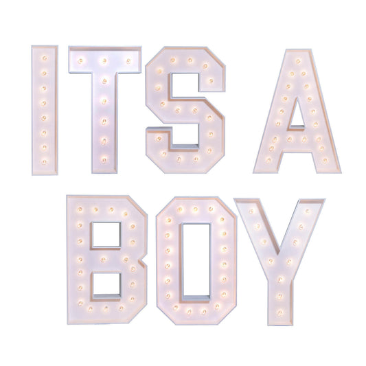 LED Marquee 'ITS A BOY' sign rental creates a celebratory atmosphere for baby shower backdrops in Atlanta, GA.