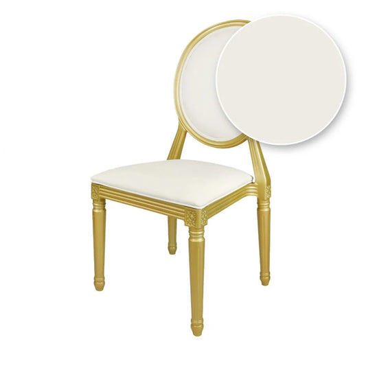 Set of gold resin Louis Pop chairs with white vinyl cushions chair rentals in Atlanta, GA