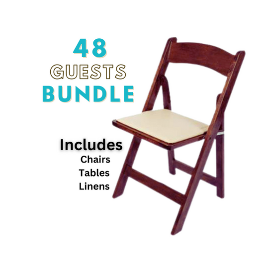 Resin folding chairs bundle for 48 guests angled view chair rental in Atlanta, GA