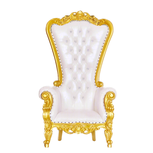 White throne chair with gold frame elegant baroque seating chair rental in Atlanta, GA
