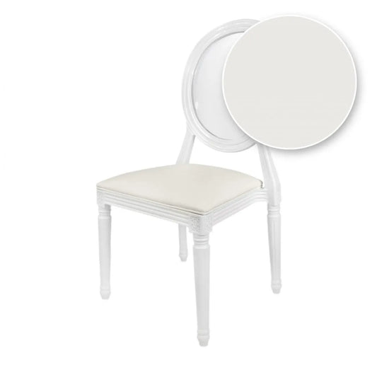 White resin Louis Pop chair with clear back and cushion chair rental in Atlanta, GA