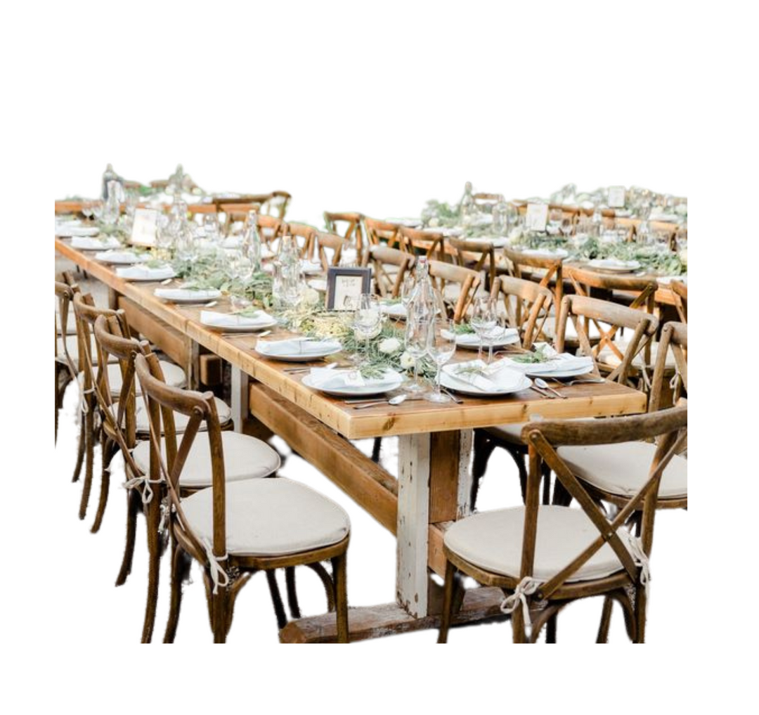 Rustic table and chairs display for receptions event decor rentals in Atlanta, GA
