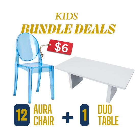 Premium white resin serpentine kids table with 12 chairs for rentals in Atlanta, GA