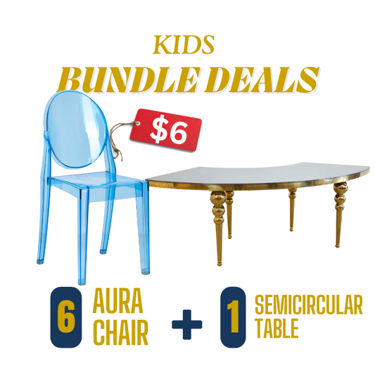 Classic white resin serpentine kids table with 12 chairs for kids chair rental in Atlanta, GA.