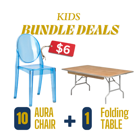 Modern white resin serpentine kids table with 12 chairs for kids chair rental in Atlanta, GA.