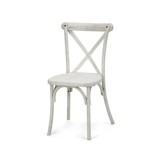 Resin cross-back chair white wood-grain farmhouse style chair rental in Atlanta, GA