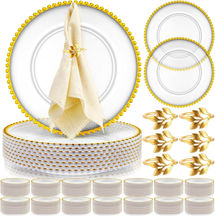 13" Clear Acrylic Beaded Charger Plates – Gold Rim | Elegant Tabletop Decor Rental