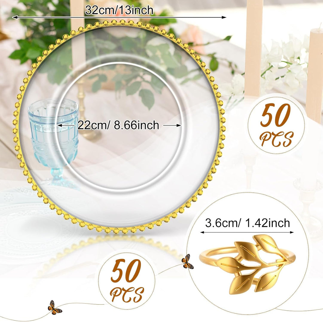 13" Clear Acrylic Beaded Charger Plates – Gold Rim | Elegant Tabletop Decor Rental