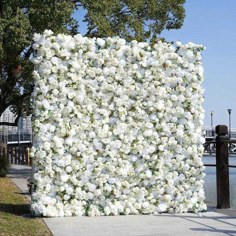5D Rolling Curtain Artificial Flower Wall –  Rental Atlanta White Pearl