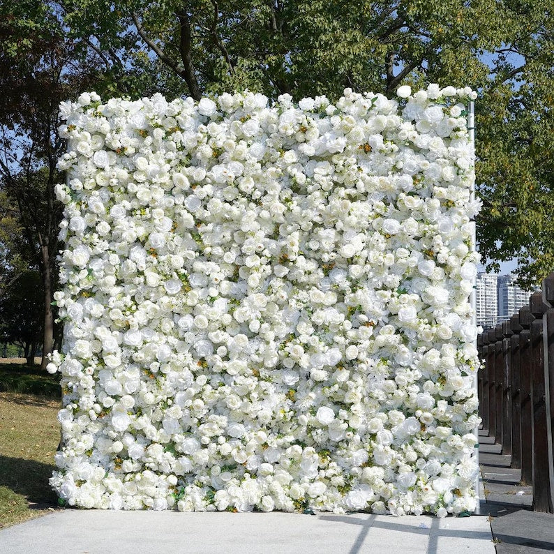 5D Fabric Artificial Flower Wall – Rolling Curtain Rental Atlanta (White Pearl )