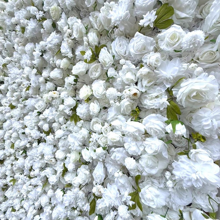 5D Fabric Artificial Flower Wall – Rolling Curtain Rental Atlanta (White Pearl )