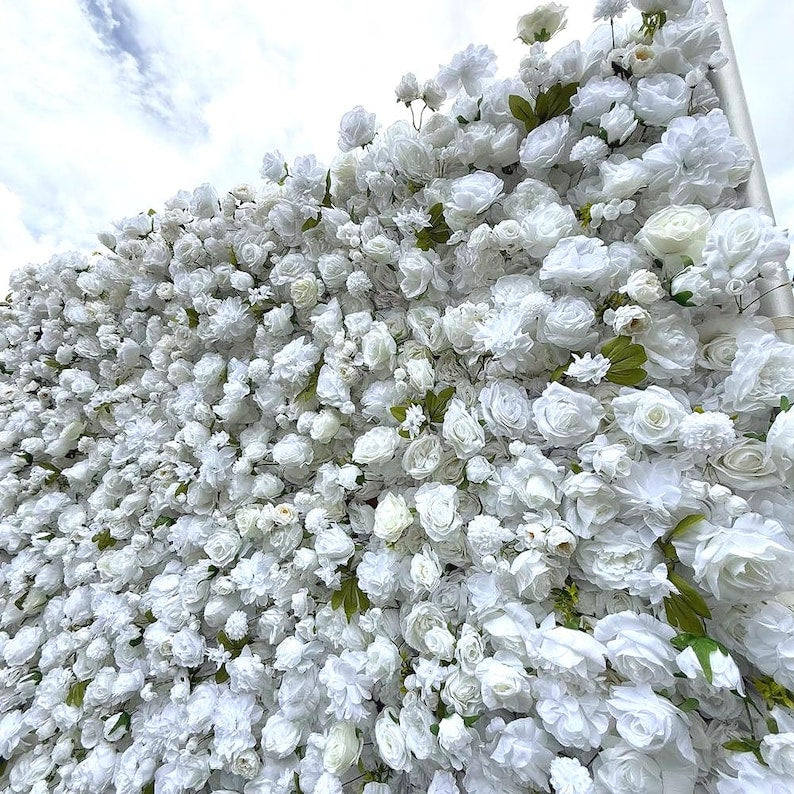 5D Fabric Artificial Flower Wall – Rolling Curtain Rental Atlanta (White Pearl )