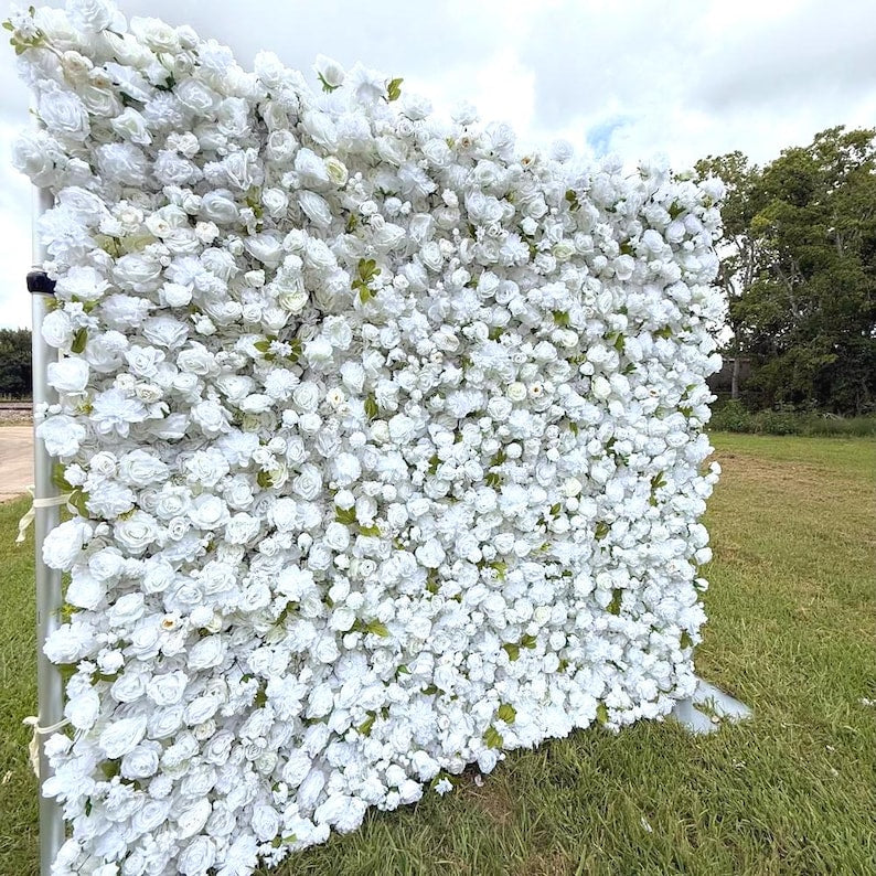 5D Fabric Artificial Flower Wall – Rolling Curtain Rental Atlanta (White Pearl )