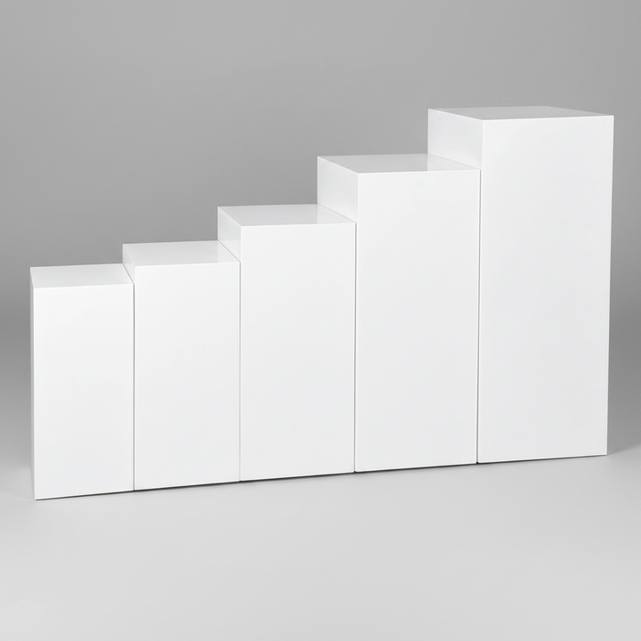 5-Piece Metal White Square Display Pedestal Stand Set Atlanta Rentals