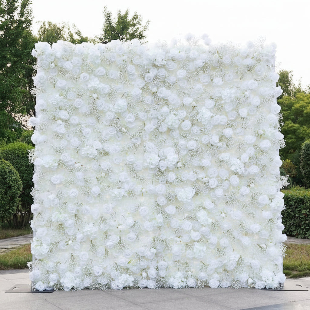 5D Fabric Artificial Flower Wall White Rose Gypsophila  – Rolling Curtain Rental Atlanta