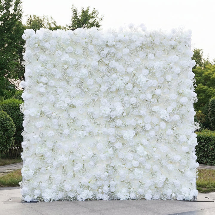 5D Fabric Artificial Flower Wall White Rose Gypsophila  – Rolling Curtain Rental Atlanta