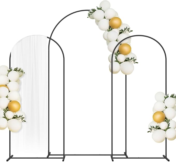 Black metal frame arch stand rental set for modern wedding and party backdrops in Atlanta, GA 