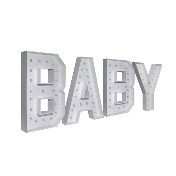 LED Marquee 'BABY' sign rental enhances the theme of baby shower backdrop rentals in Atlanta, GA.