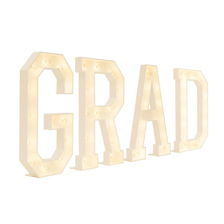 LED Marquee 'GRAD' sign rental celebrates graduation milestones with eye-catching backdrop rentals in Atlanta, GA.
