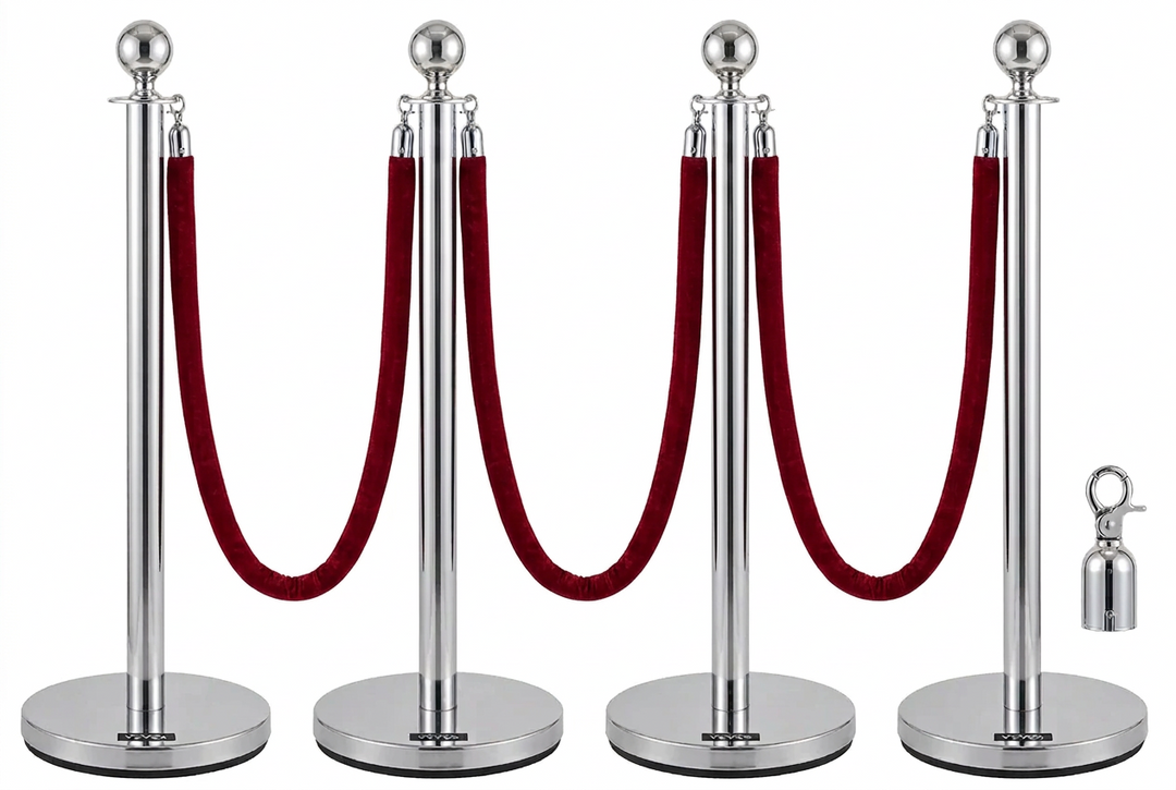 Velvet Ropes and Stanchion Posts Set – 4 Black Posts with 3  Velvet Rope 5 ft