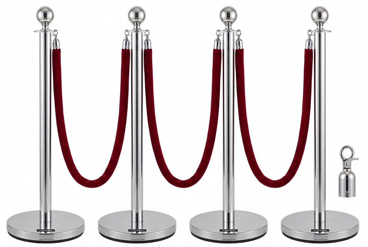 Velvet Ropes and Stanchion Posts Set – 4 Black Posts with 3  Velvet Rope 5 ft