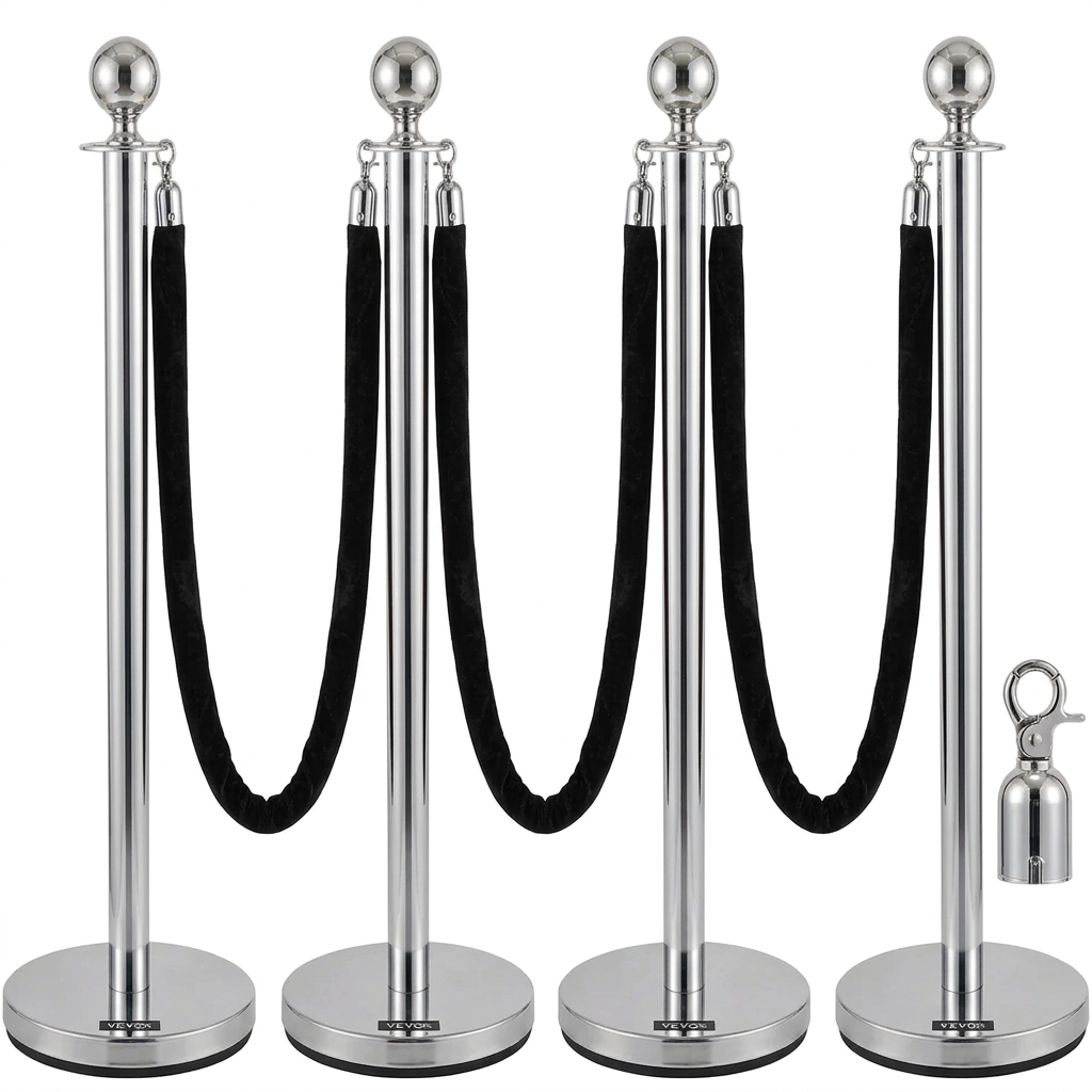 Velvet Ropes and Stanchion Posts Set – 4 Silver Posts with 3  Velvet Rope 5 ft