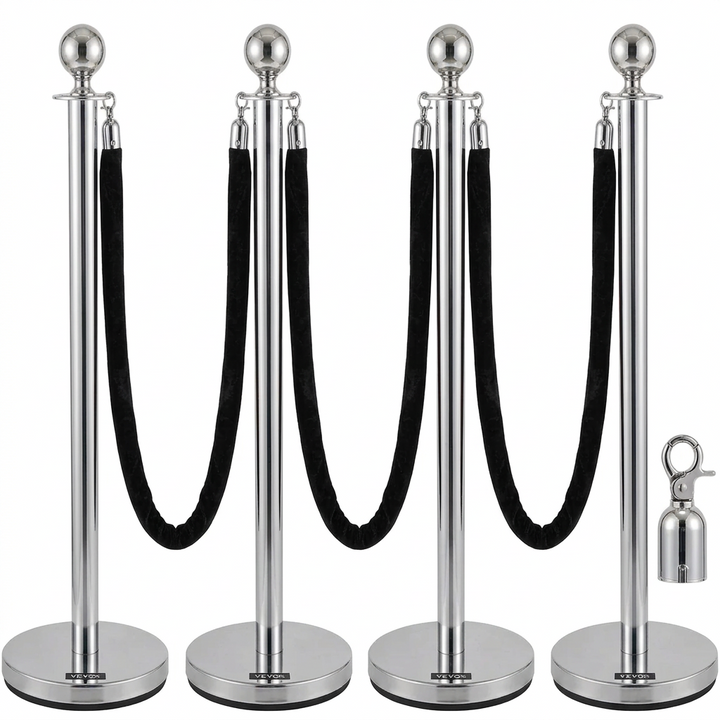 Velvet Ropes and Stanchion Posts Set – 4 Silver Posts with 3  Velvet Rope 5 ft