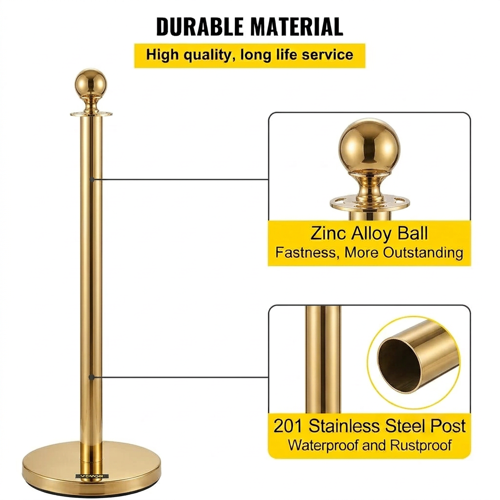 Velvet Ropes and Stanchion Posts Set – 4 Gold Posts with 3  Velvet Rope 5 ft