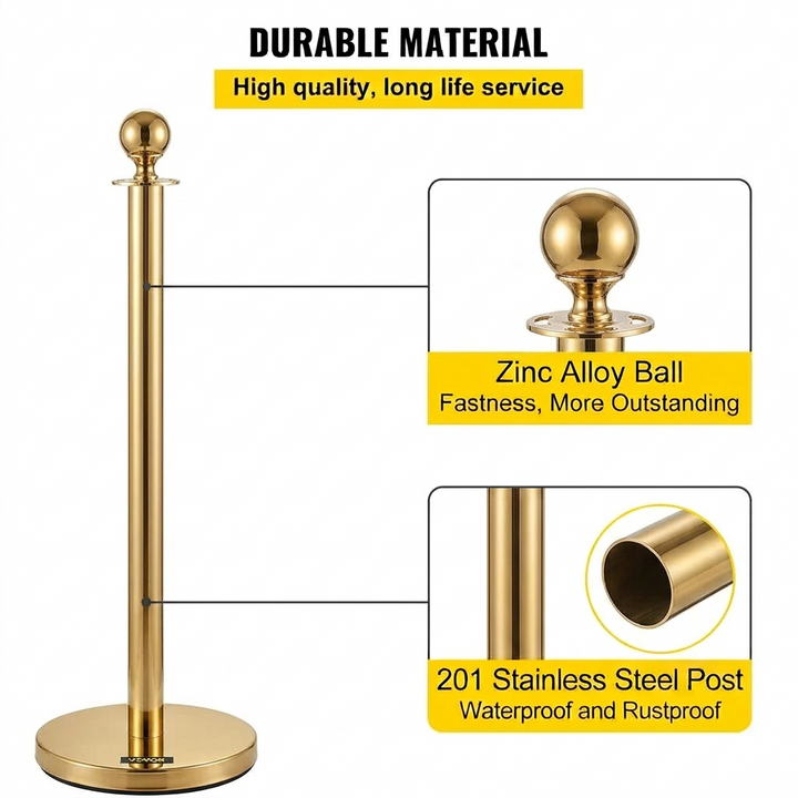 Velvet Ropes and Stanchion Posts Set – 4 Gold Posts with 3  Velvet Rope 5 ft