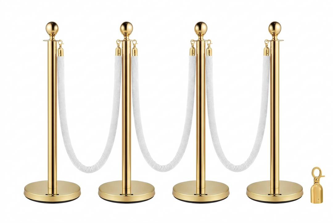 Velvet Ropes and Stanchion Posts Set – 4 Gold Posts with 3  Velvet Rope 5 ft