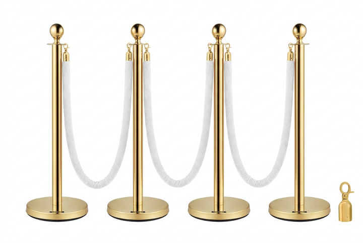 Velvet Ropes and Stanchion Posts Set – 4 Gold Posts with 3  Velvet Rope 5 ft