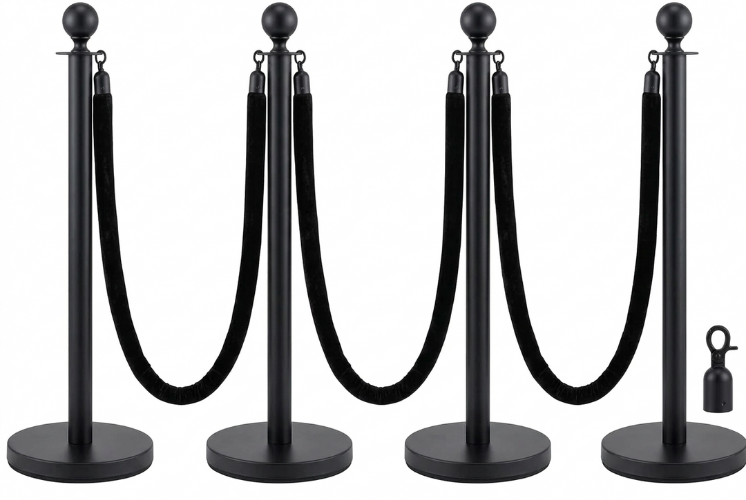 Velvet Ropes and Stanchion Posts Set – 4 Black Posts with 3  Velvet Rope 5 ft