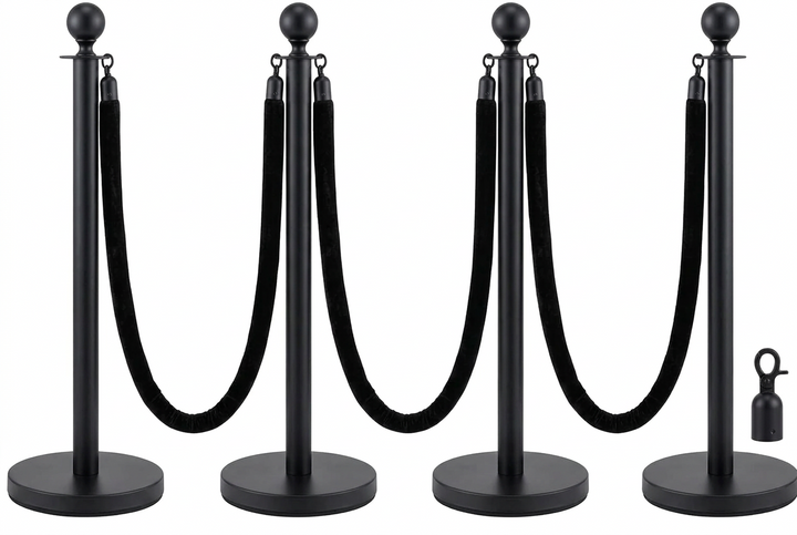 Velvet Ropes and Stanchion Posts Set – 4 Black Posts with 3  Velvet Rope 5 ft