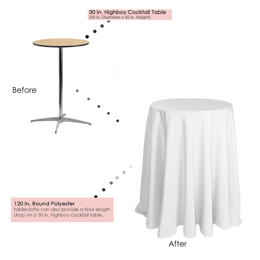 Highboy Cocktail Polyester Tablecloth Linen 120" Round Rental Atlanta GA