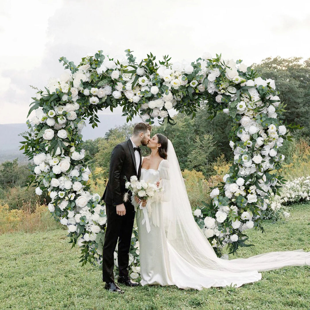 White Rose Green Willow Leaf Floral Arrangement Decor Heart-Shaped Wedding Arch Atlanta GA Rentals