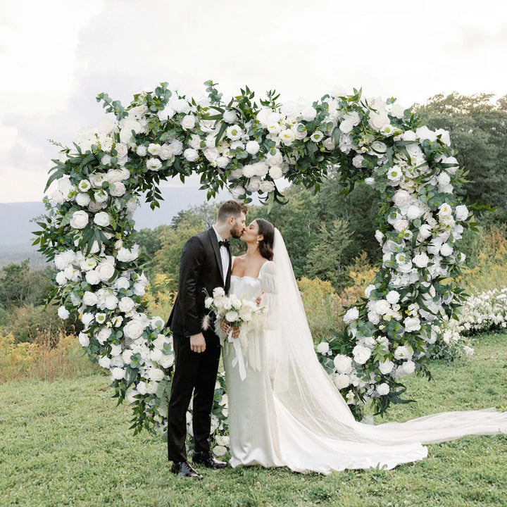 White Rose Green Willow Leaf Floral Arrangement Decor Heart-Shaped Wedding Arch Atlanta GA Rentals