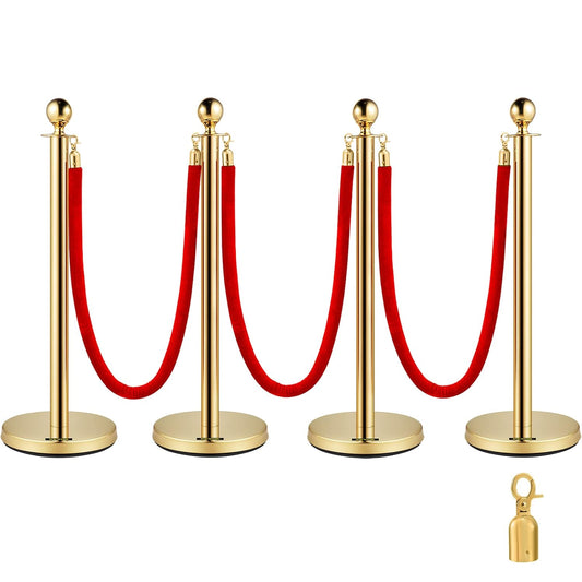 Velvet Ropes and Stanchion Posts Set – 4 Gold Posts with 3  Velvet Rope 5 ft