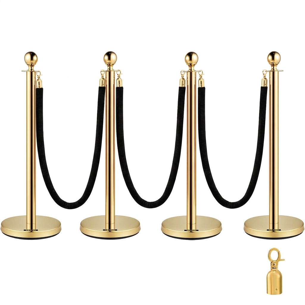 Velvet Ropes and Stanchion Posts Set – 4 Gold Posts with 3  Velvet Rope 5 ft